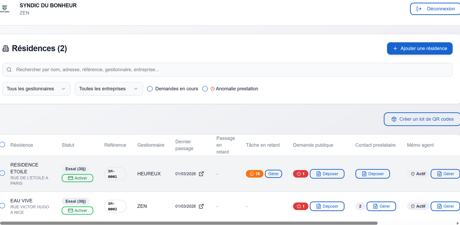 VeriClean dashboard: management of sites and residences